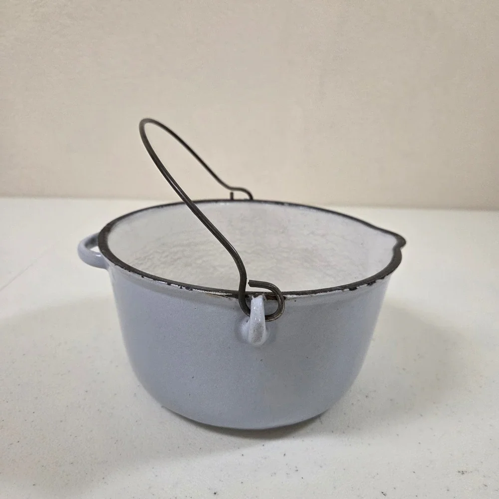 Vtg Vollrath ware Light Blue Enamelware Small Cauldron Pot Wire Bail Handle #‎ 2